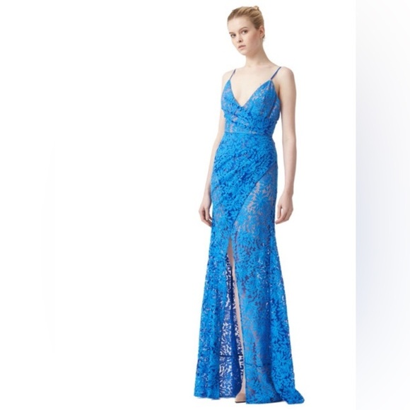 NWT Aijek Lavinia Blue Lace Gown w/ thigh high slit at front Sz US 6-… - Picture 2 of 13